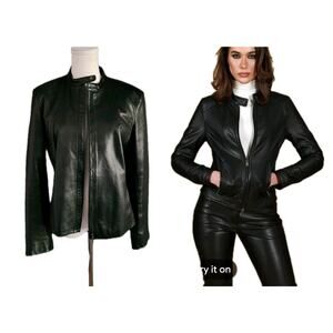 Ann Taylor Black Genuine Soft Leather Jacket Button Neck Collarless Size Medium